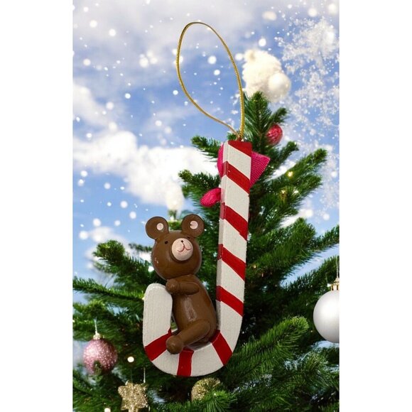 Vintage Christmas Bear Tree Ornament Wooden Hugging Candy Cane 3.5 Inch - Picture 1 of 6